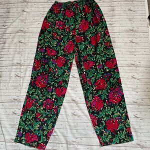 VTG 90s Victorias Secret Gold Label Black Floral Silky Poly Lounge PJ Pants Sz M